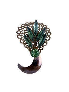 Gold Tone Green Rhinestone Filigree Brooch With Crescent Moon Shaped Design